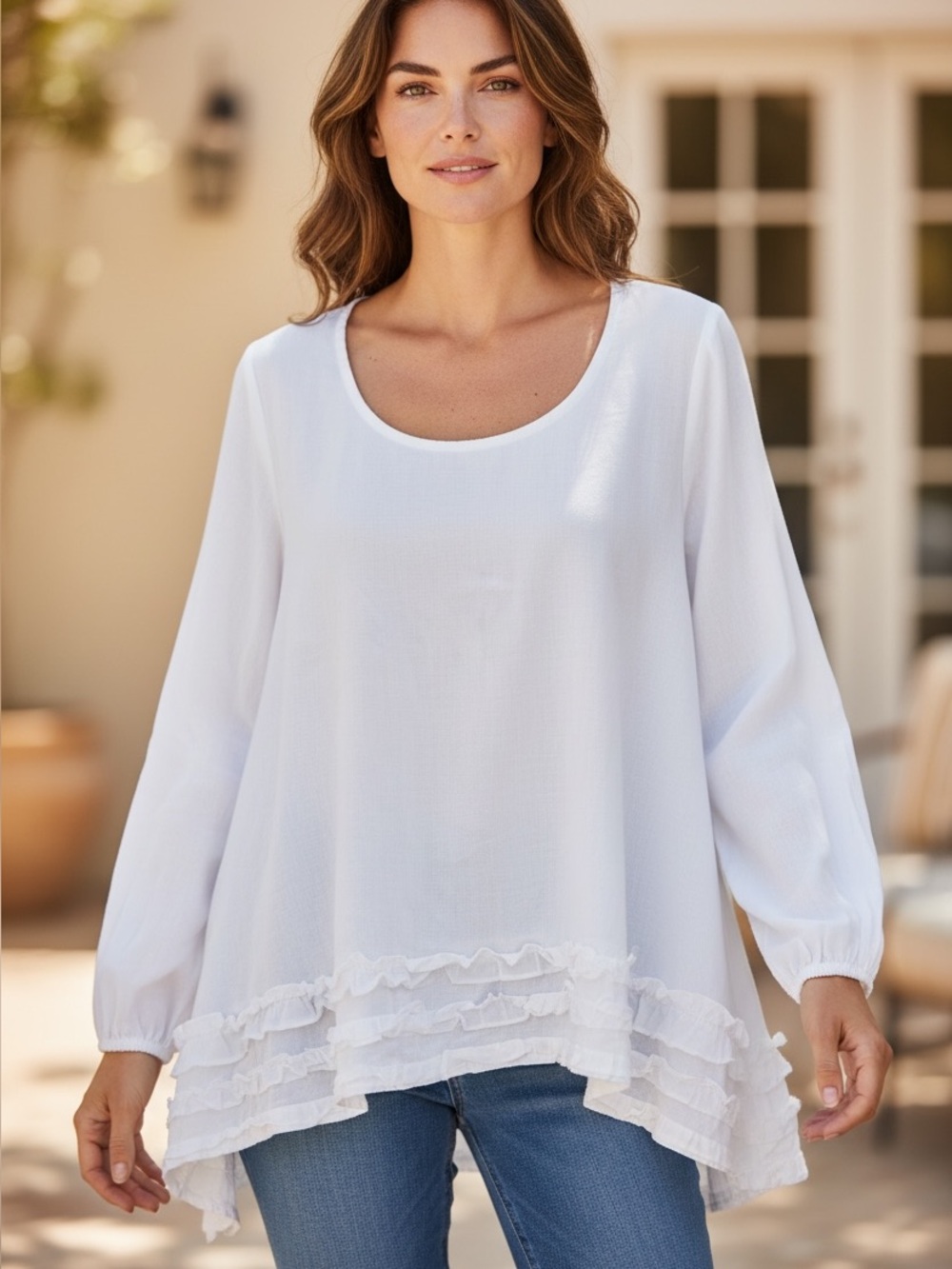 Tulip Clothing White Asymmetrical Tiered Ruffle Tunic Blouse Boho Lagenlook